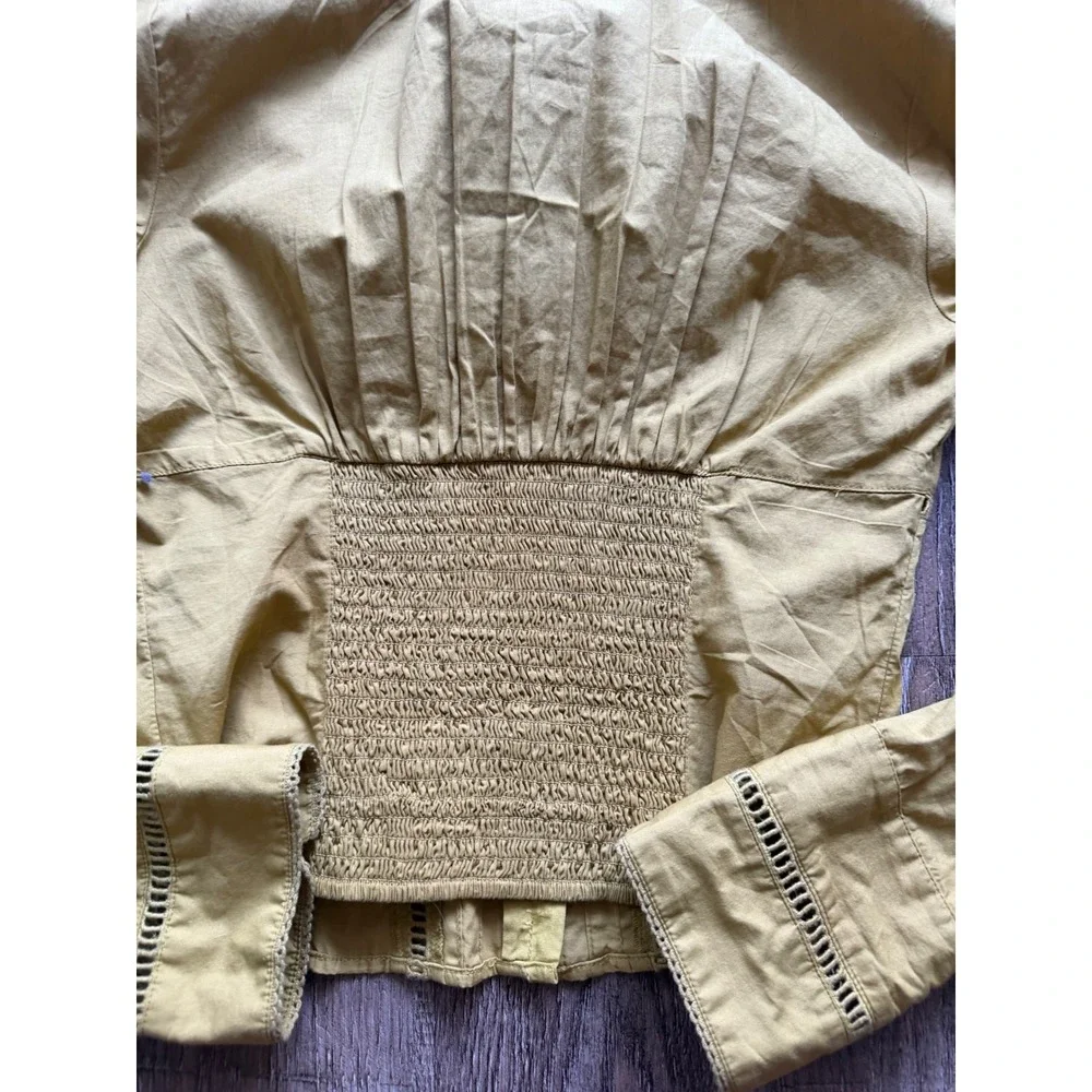 Free‎ People Lemon Party Smocked Waist Blouse Gold Cotton Lace Top Large